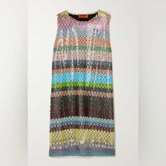 MISSONI Metallic striped scalloped crochet-knit mini dress